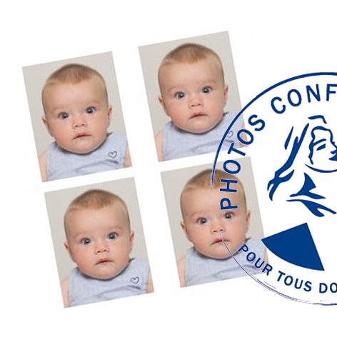 Nous assurons à voiron les photos d’identités offficelles aux normes de votre bébé Quatre photos d'identité d'un bébé avec un fond neutre a voiron